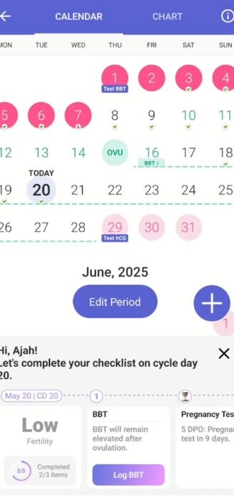 Glow’s color-coded period calendar.