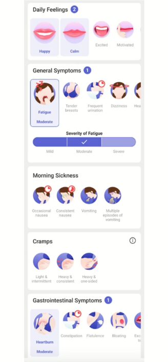 Glow Nuture’s list of trackable symptoms.