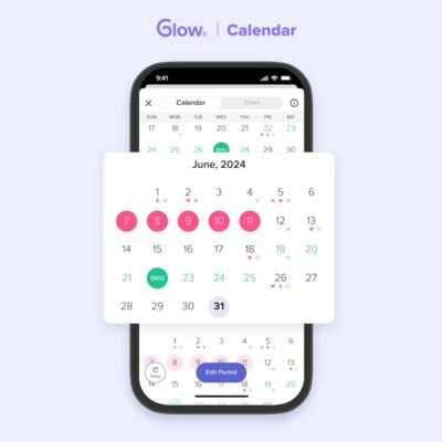 Smartphone showing an example of Glow's ovulation prediction feature.
