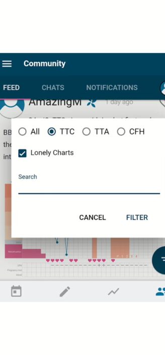 Kindara’s filtering feature for community posts.