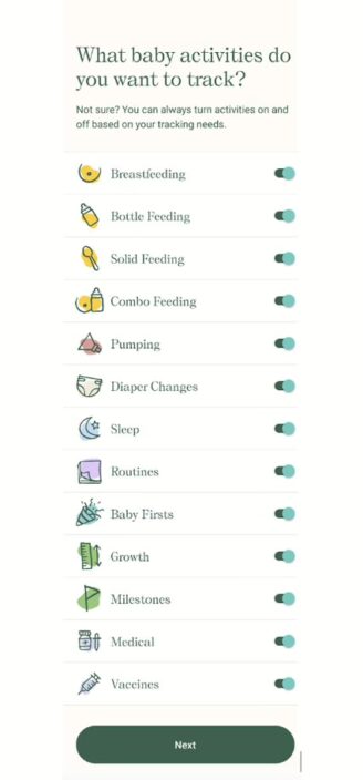 List of recordable activities on Nara Baby.