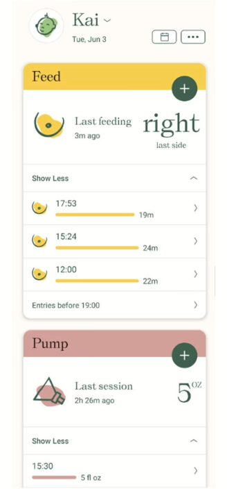 Nara Baby’s feeding and pumping activity log.