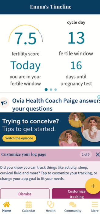 Ovia’s main page displaying fertile window predictions.