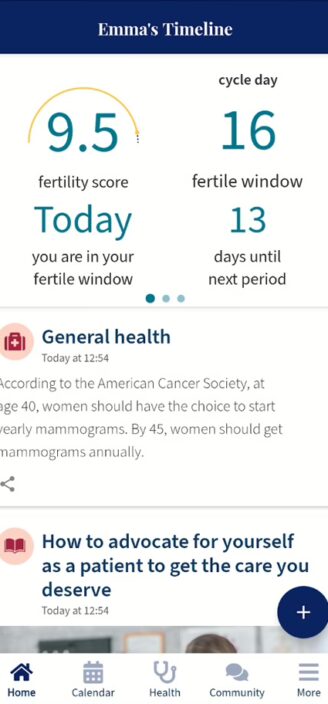 Ovia’s main page showing fertility predictions.