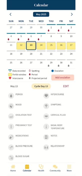 Ovia’s calendar showing logged symptoms.