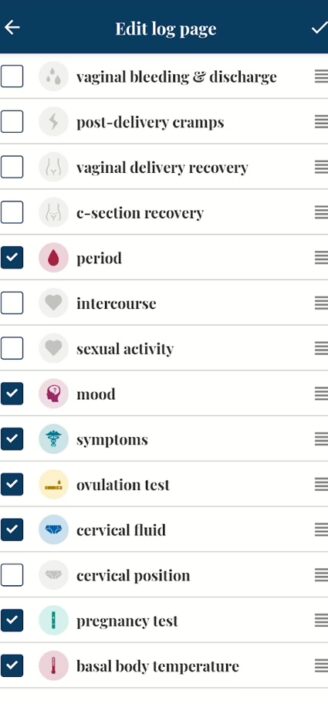 Ovia’s list of types of loggable symptoms.