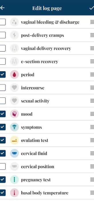 List of loggable symptoms in Ovia’s menu.