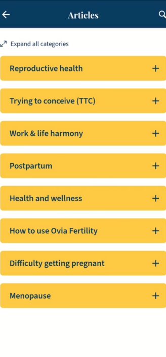 List of content and tools on Ovia app.