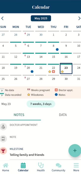 Ovia’s calendar showing recorded events and symptoms.