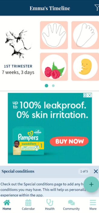 Ovia’s main page showing fetus size comparisons.