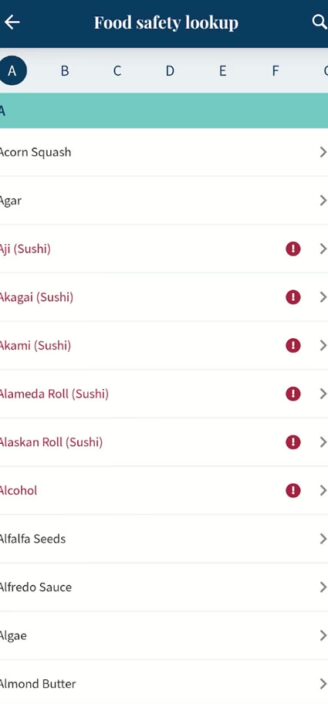 Ovia’s lookup feature for safe food ingredients.