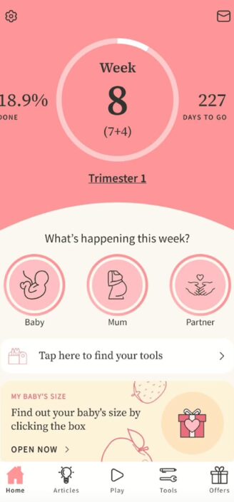 Preglife’s main page showing pregnacy week calculation.