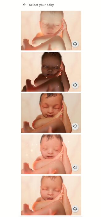 Pregnancy Plus’s list of 3D models with different skin tones and appearances.