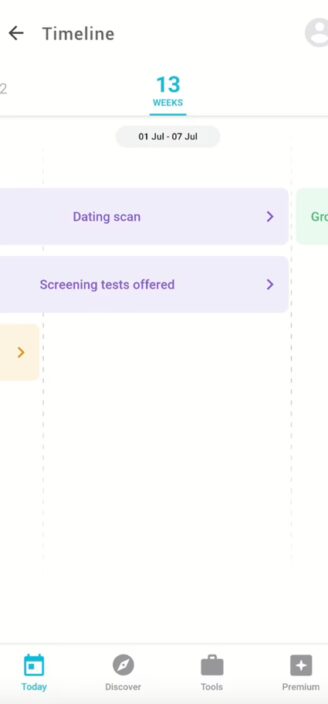 Pregnancy Plus’s timeline feature tracking upcoming milestones and events.