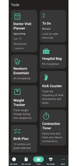 Sprout’s list of pregnancy tools like kick counters and birth plan generator.