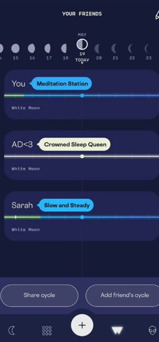 Feature showing added friend’s current cycle phase on Stardust.