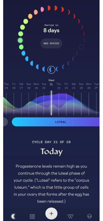 Stardust’s graphics showing moon phases and current hormone fluctatuations.