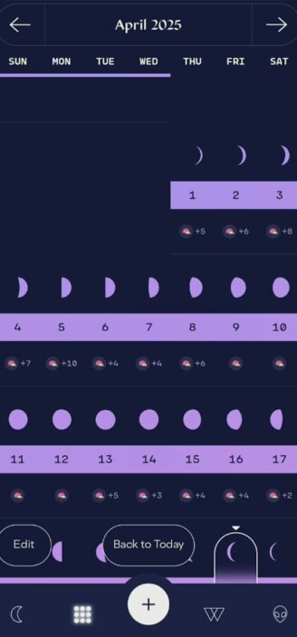 Stardust’s calendar showing daily symptoms and events.