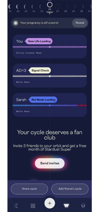 Stardust’s cycle syncing feature showing added friends’ current phase.