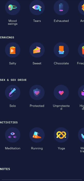 List of documentable symptoms on Stardust app.