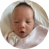 Sleepy two-week-old baby yawning with eyes half open.