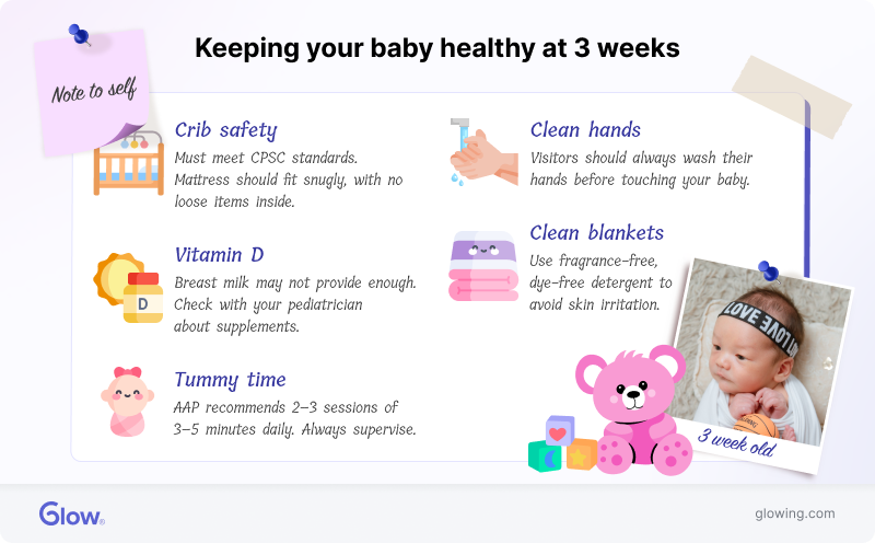 Infographic explaining how to keep your 3-week-old baby healthy.