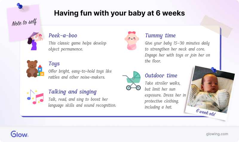 Infographic explaining how to have fun with your 6-week-old baby.