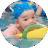 Six-month-old baby in pool wearing swimming cap and floating on pool noodle.