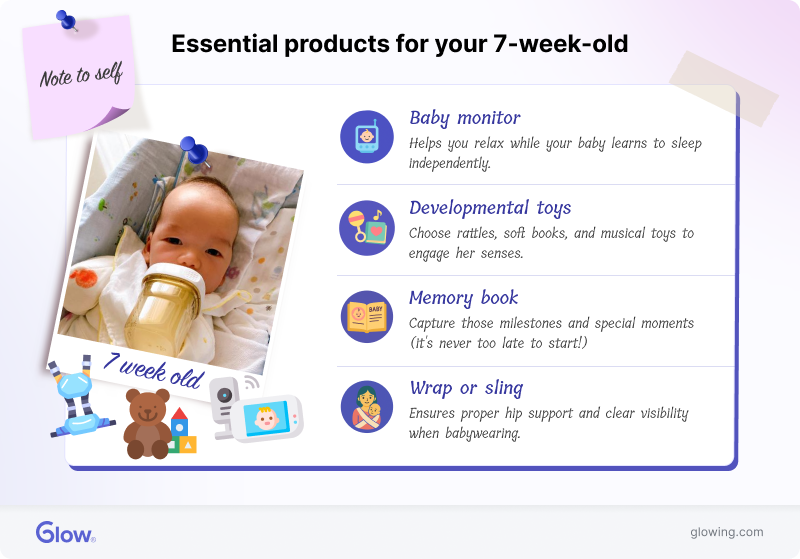 Infographic explaining the essential products to get for your 7-week-old baby.