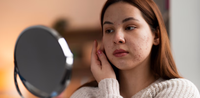 Woman looking at her facial pregnancy acne in a handheld mirror.