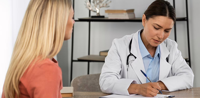 A woman seeing her doctor, who is preparing her for a saline infusion sonogram.