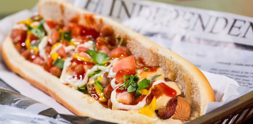 A hot dog in a bun slathered with condiments and toppings.