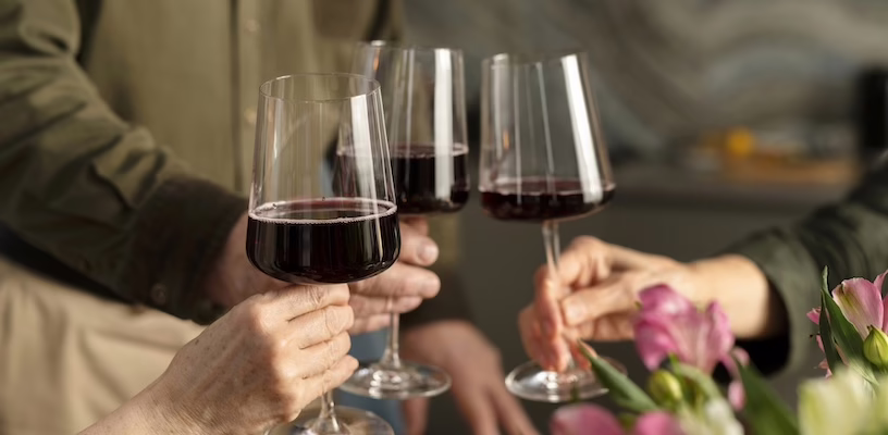 Three people holding glasses of wine, symbolizing that you can't drink wine or alcohol when pregnant.