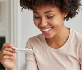 Woman with PCOS smiling down at a positive pregnancy test.