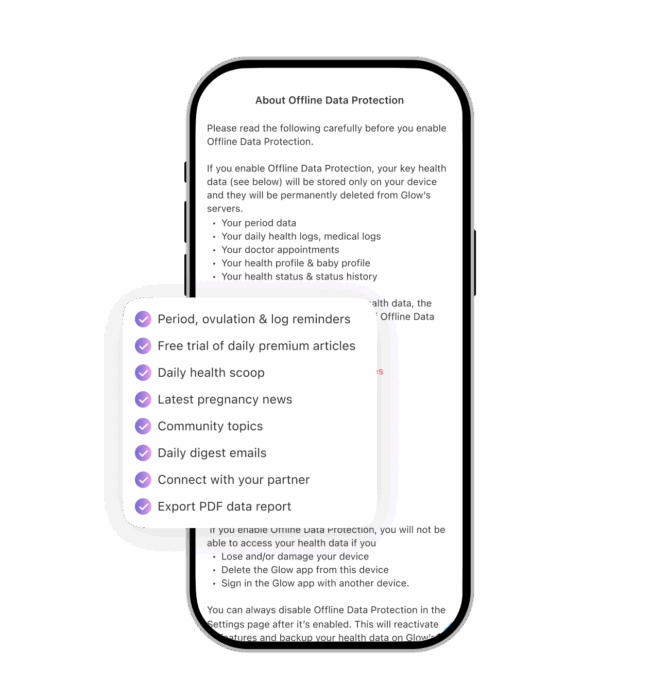 An image of Glow's Offline Data Protection Screen features.