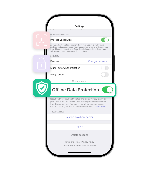 A phone screen that shows Glow's Offline Data Protection mode.