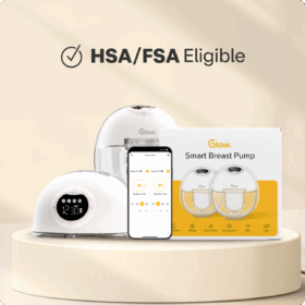 An image of Glow's smart app-controlled wearable breast pump and a smartphone in front of it.