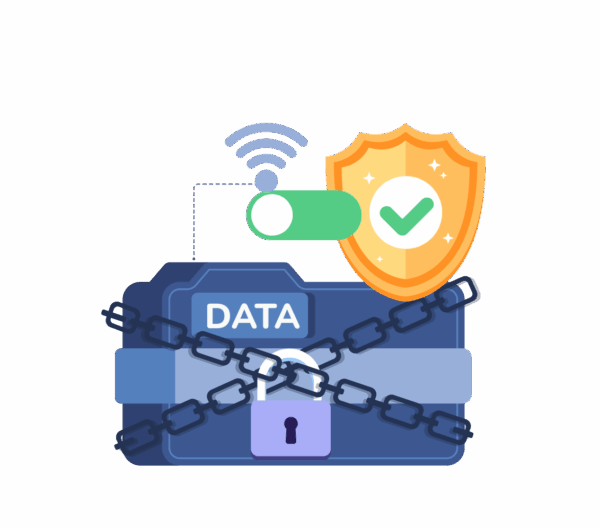 An image of a server and data locked tightly with a security badge and checkmark signifying Glow's Offline Data Protection