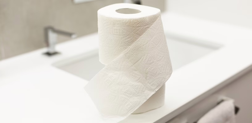 A fresh roll of toilet paper atop a toilet seat.