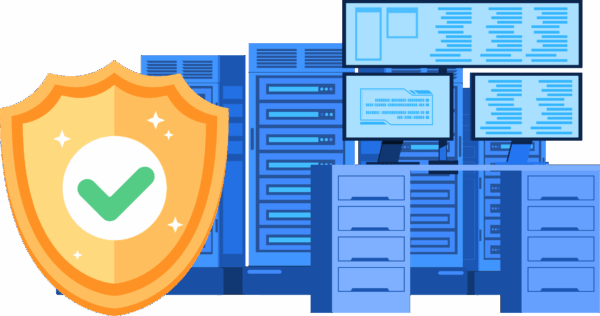 computer servers and a safety badge with a checkmark indicating Glow is safe to use