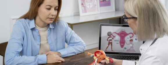 Female doctor using a model of the cervix to demonstrate dilation to an expecting mother.