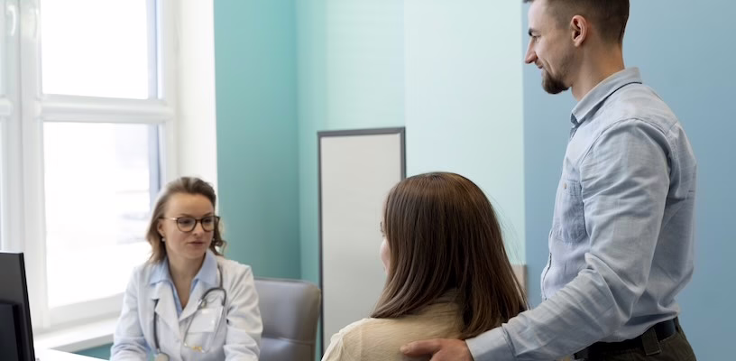 Couple speaking to their doctor during their IVF consultation.