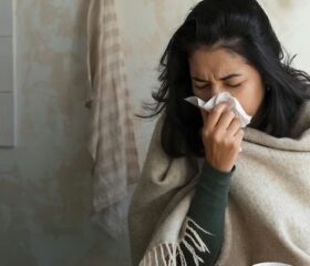 Pregnant woman sneezing after taking NyQuil.