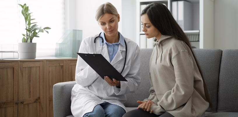 Doctor explaining the process of egg freezing to her young female patient.